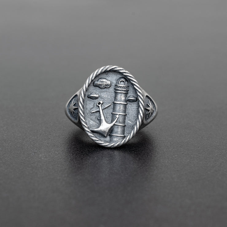 Ανδρικό δαχτυλίδι φάρος & άγκυρα από ασήμι 925 - κοσμήματα emmanuela