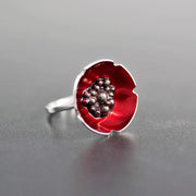 Κόκκινο δαχτυλίδι λουλούδι από ασήμι | Χειροποίητα κοσμήματα Emmanuela