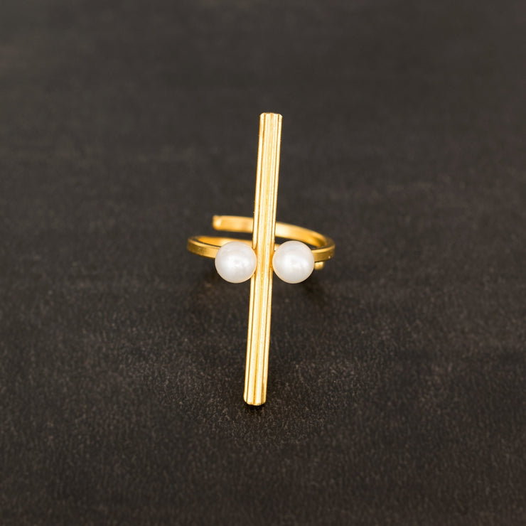 Δαχτυλίδι μπάρα με δύο λευκά μαργαριτάρια από ασήμι 925 - κοσμήματα emmanuela